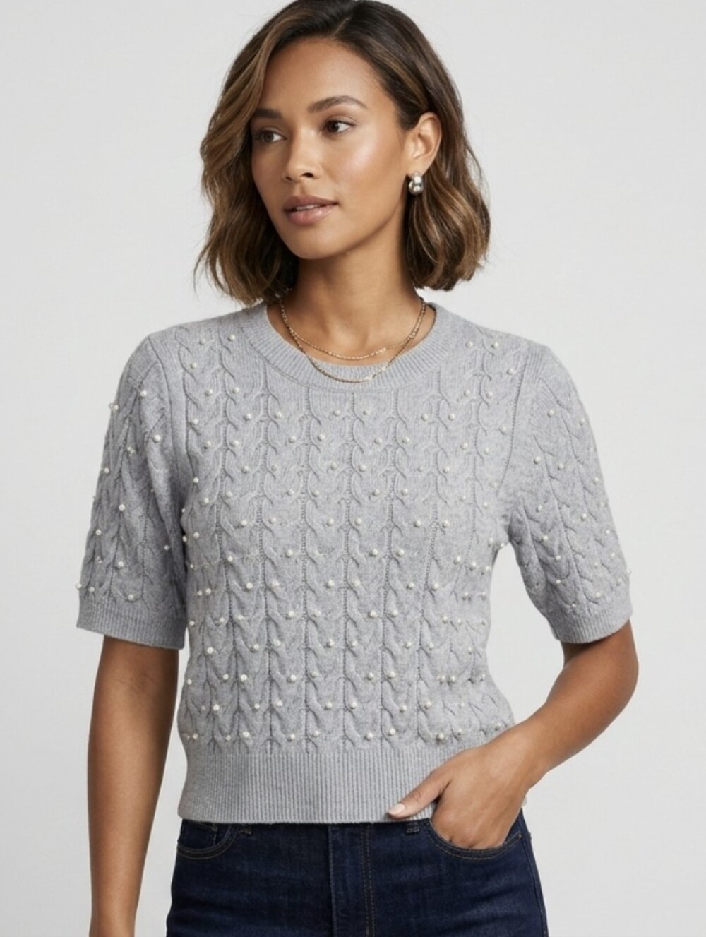 Nanette Lepore Womens Short Sleeve Sweater XL Pearl Cable Knit Coquette